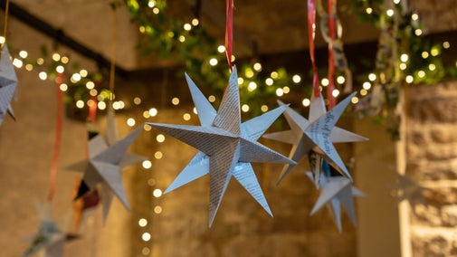 Christmas decorations in the secondhand bookshop at Lyme, Cheshire